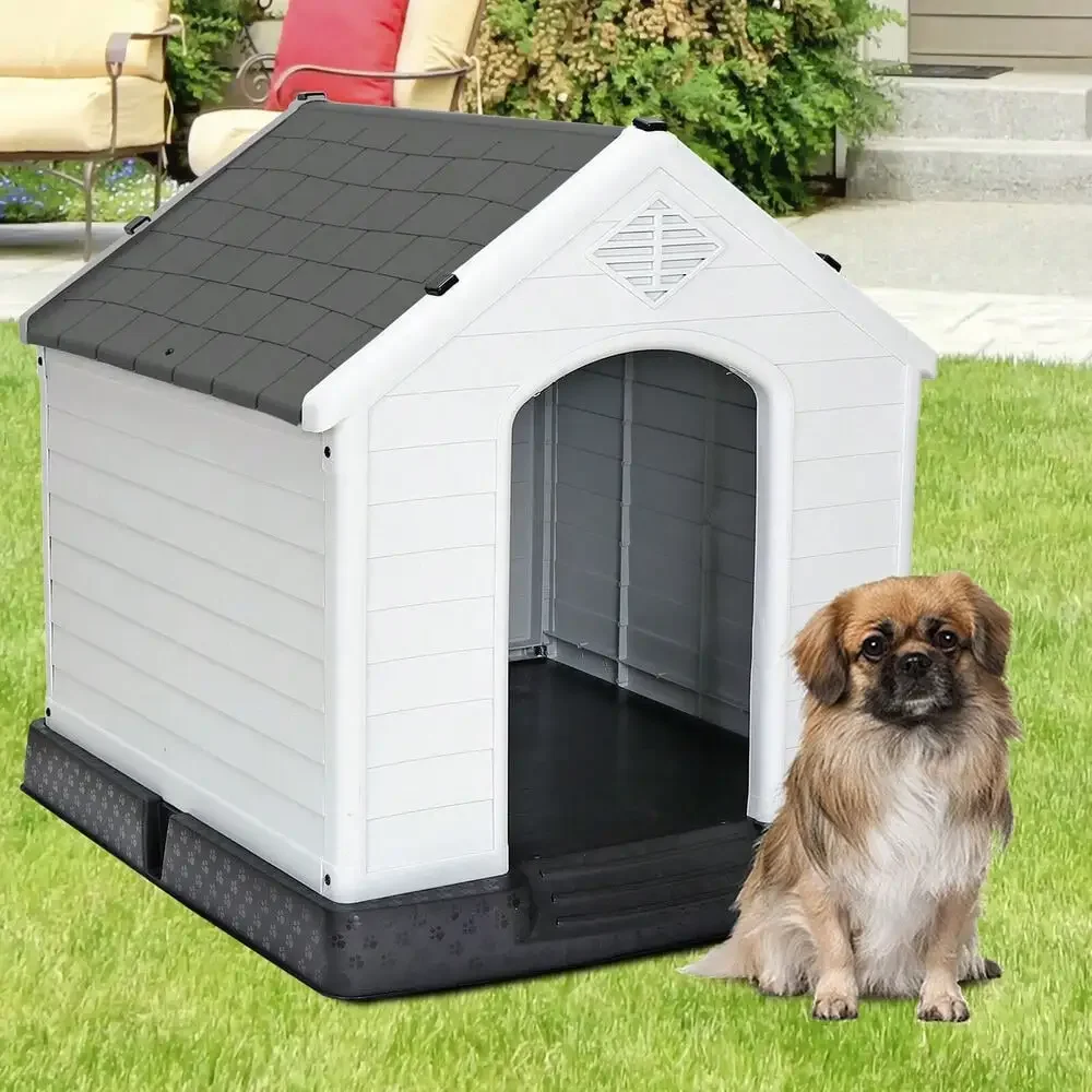 

28"H Plastic Dog House Indoor Outdoor Dog Kennel Puppy Shelter w/Air Vents Gray