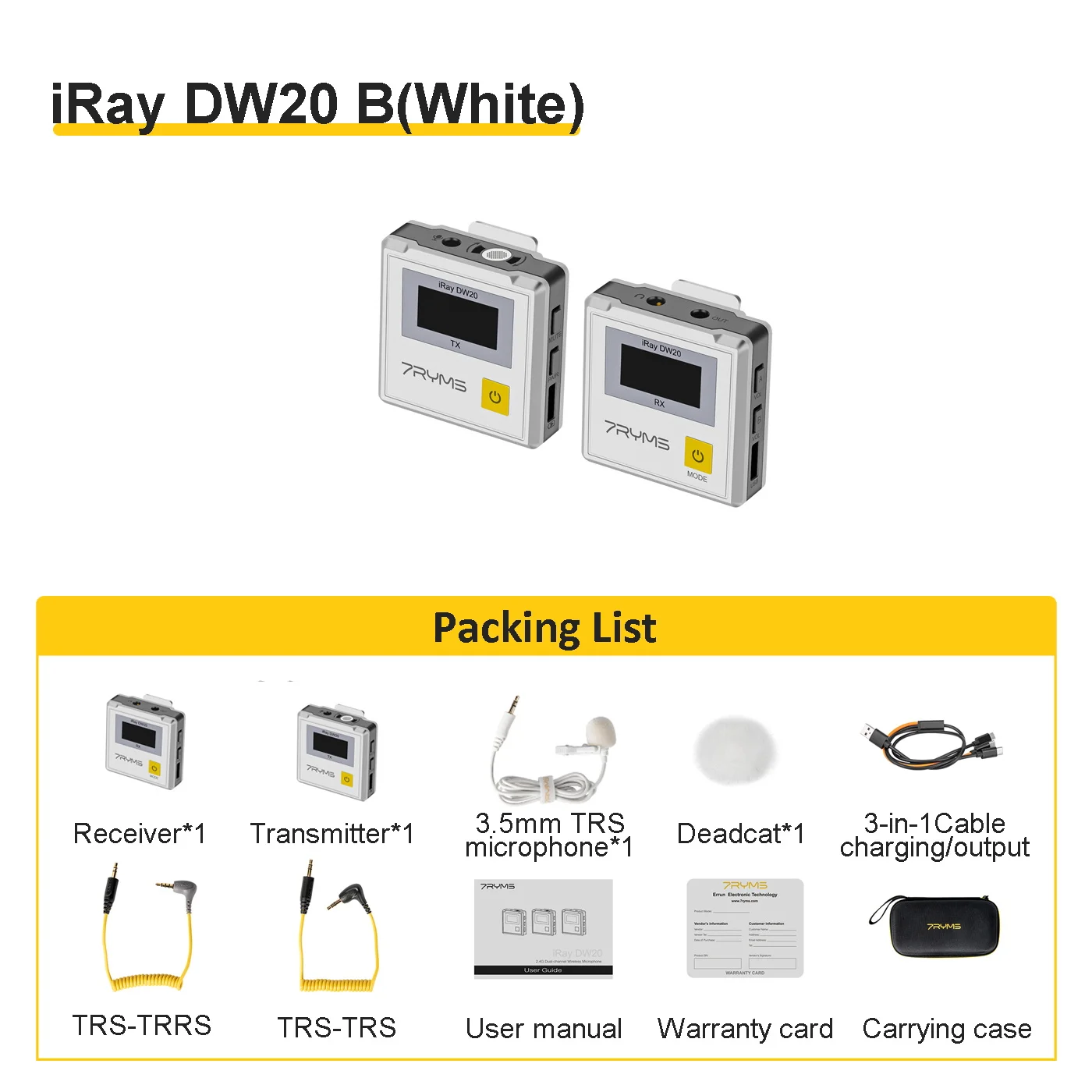 7RYMS iRay DW20 draadloze lavaliermicrofoon, 2.4G reversmicrofoon voor cameratelefoon video-interview YouTube live streaming tiktok