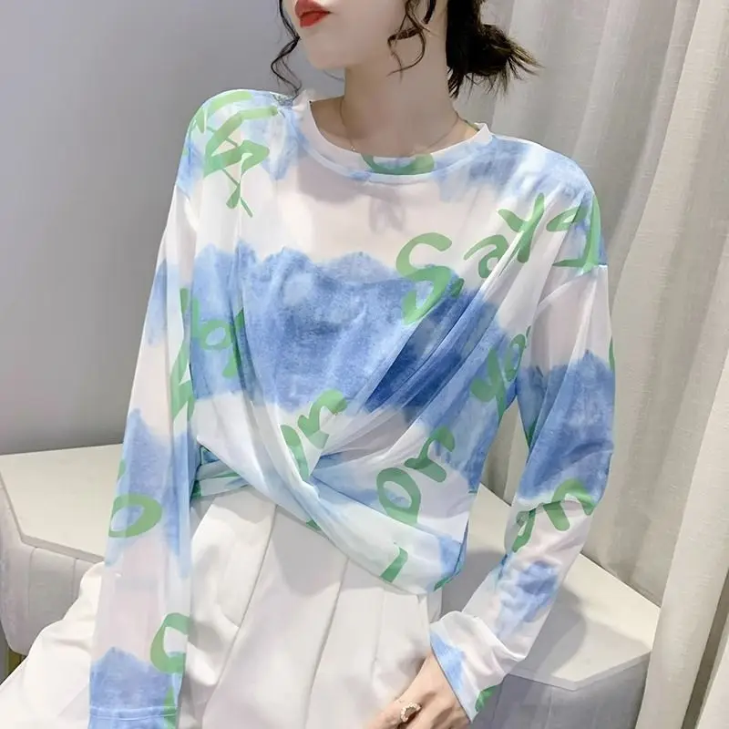 Camiseta Corta de Verano con Estampado Y2K, Holgada, de Tul, Tie-Dye, Cuello Redondo, Manga Larga, Ligera, para Protección Solar