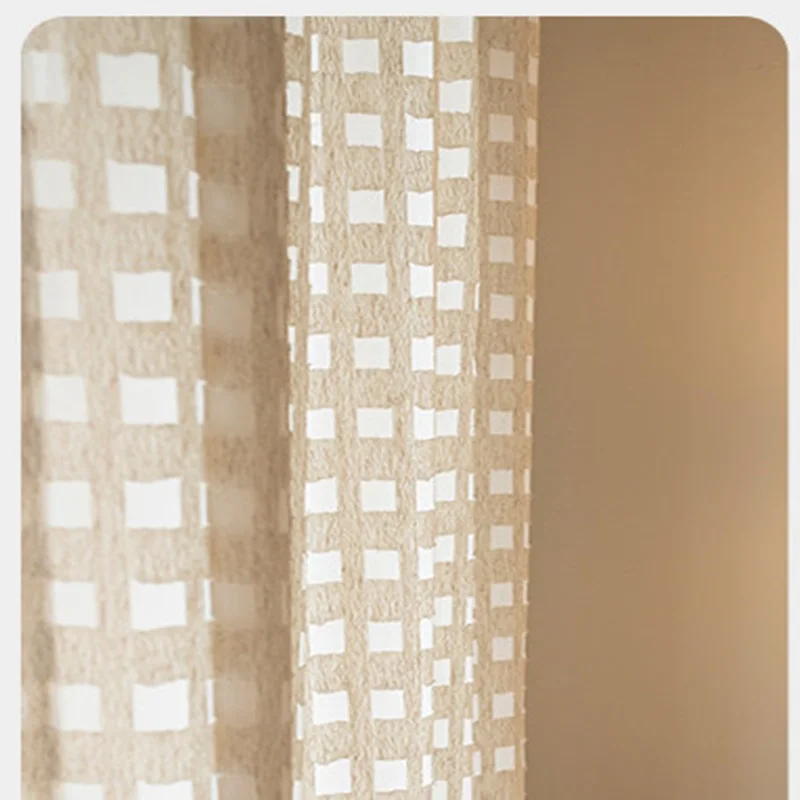 Medieval style linen-colored small square curtains modern simple light-transmitting and opaque bedroom curtain tulle custom size