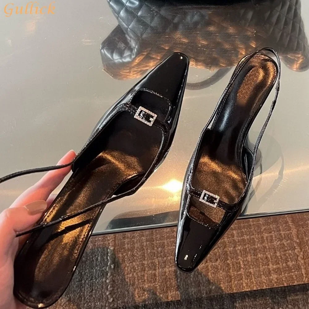 

Черные лакированные кожаные сандалии с низким вырезом, заостренным носком, на шпильке, с ремешком сзади, на высоком каблуке, женские повседневные сандалии без застежки