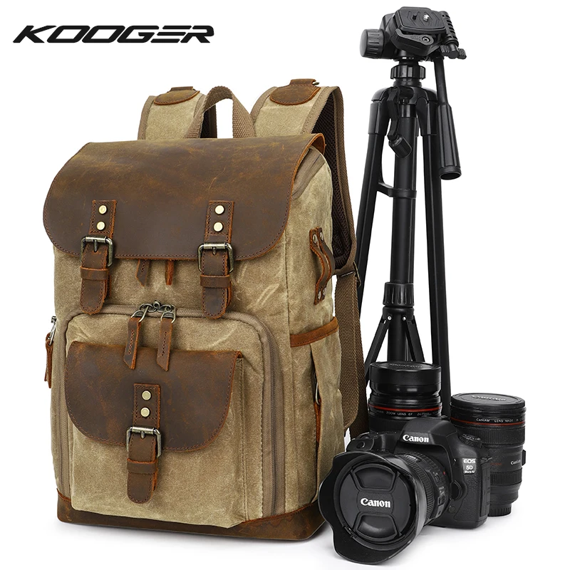 

DSLR Waterproof Batik Canvas Leather Camera Bag Backpack Dropshipping Vintage DSLR Traveling Rucksacks Daypacks fits 14in Laptop