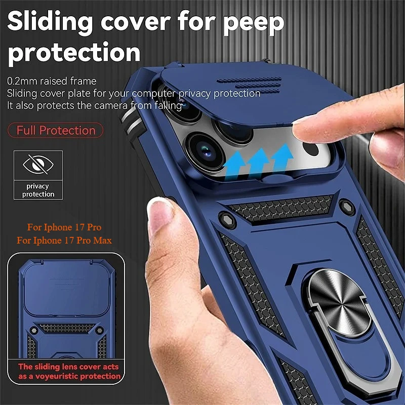 Ring Stand Rotating Slide Camera Lens Military Grade Armor Case for iPhone 17 16 E 14 13 12 11 15 Pro Max Plus Mini Cover