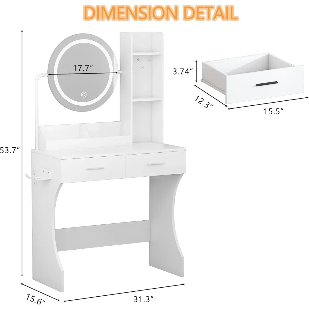 Dressing Table with Round Mirror and Lights, Charging Station, 2 Storage Drawers, Easy To Assemble, Vanity Desk