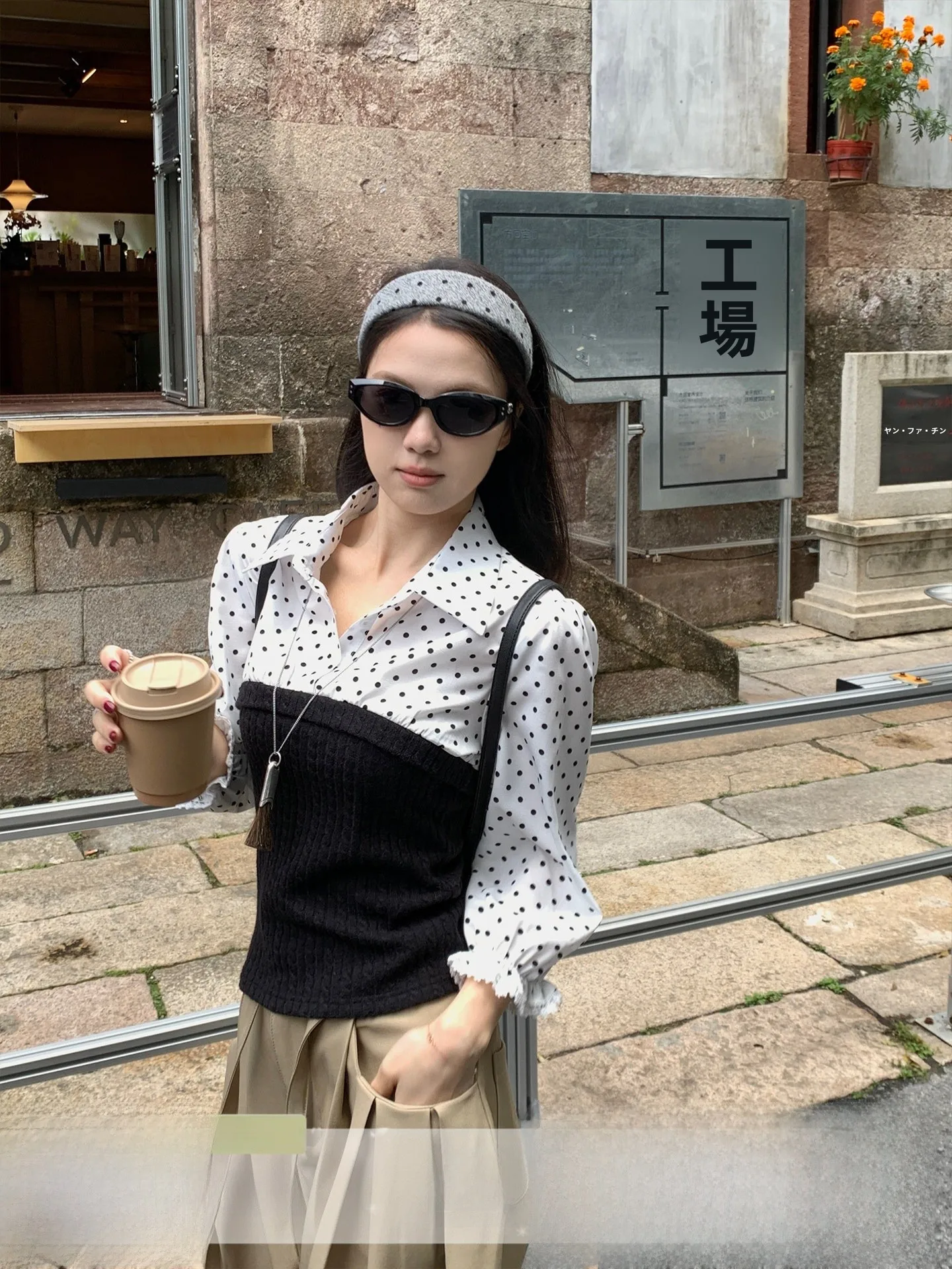 

Slimming Polka Dot Ne irt Women's ort Sle Korean Faion Gathered Waist Unique Design Spring Season Top