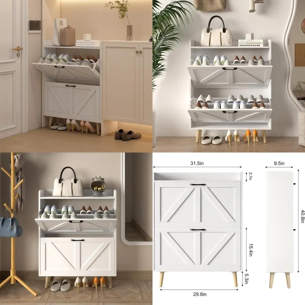 Large Shoe Organizer Cabinet with 2 Flip Drawers, Wooden Legs Storage Rack for Entryway, Hidden Shoe Cabinet