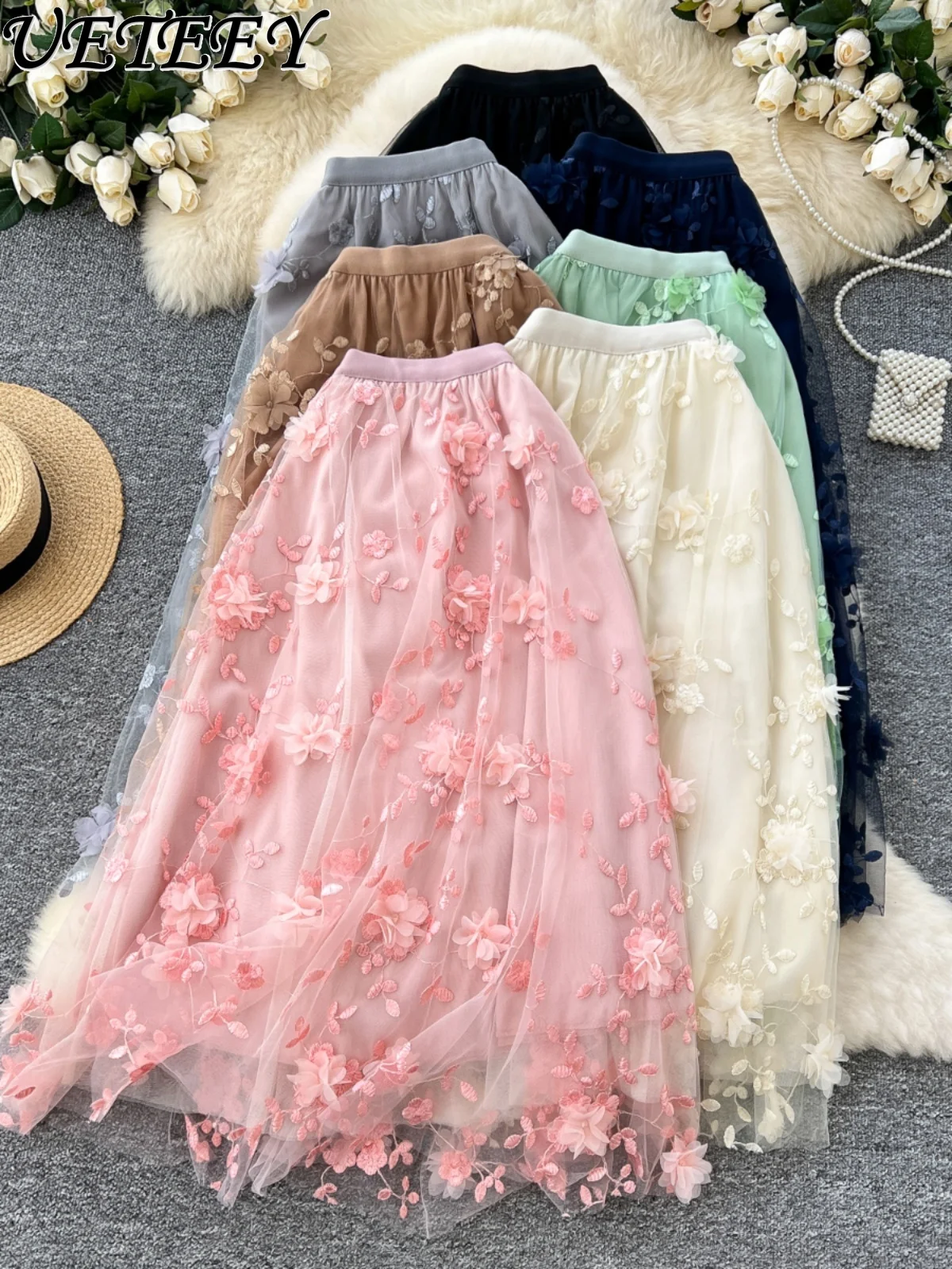 

Fairy Gentle Wind High Waist Skirts for Women Spring Heavy Industry Embroidery Mesh Pendulum Medium and Long A-shaped Skirt