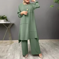 New  Casual Solid Women Matching Set Ladies Outfits 2ps Casual Long Sleeves Muslim Sets O-Neck Turkish Blouse Wide Leg Pant Suit