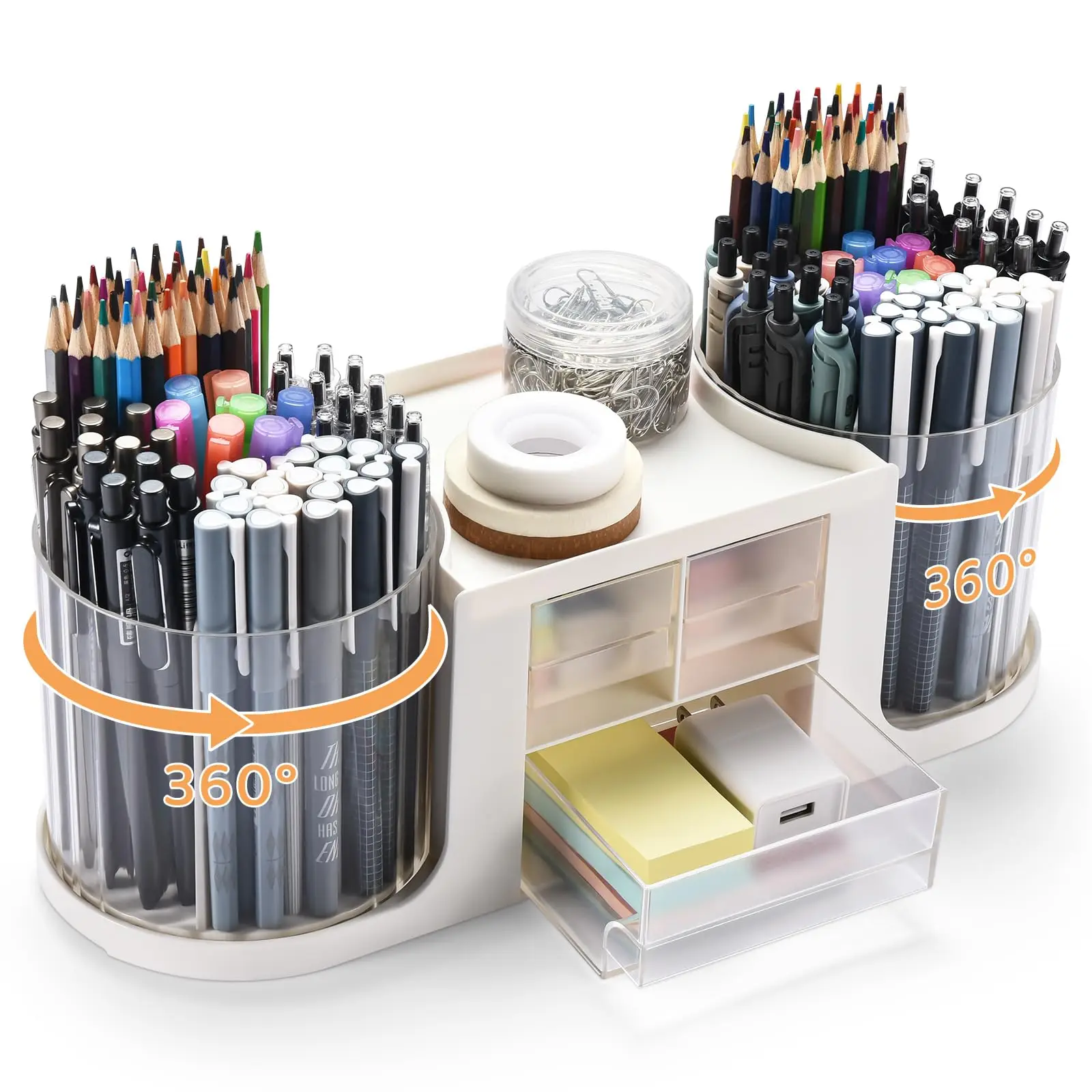 

Rotating Desk Organiser with 2 Pen Holders,Multi-Functional Pen Organiser with 3 Drawers,10 Slots Pencil Holder for Desk, Office