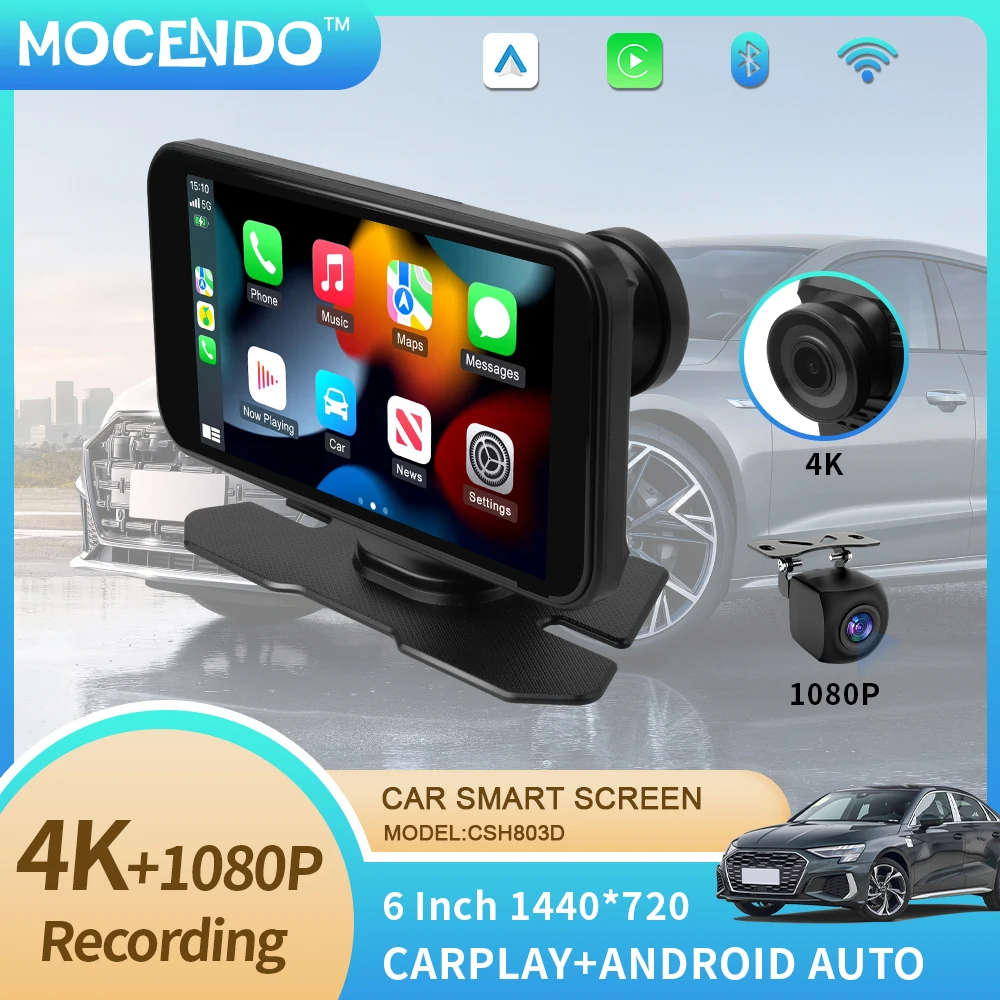 6 Inch 4K DVR Wireless CarPlay & Android Auto Dash Cam Bluetooth Audio GPS Navigation Dashboard Dual Lens Video Recorder