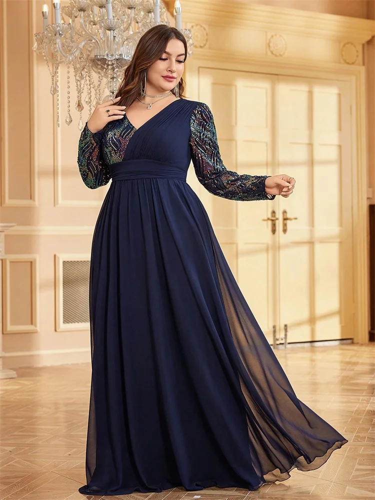 Plus Size Luxury Chiffon Long Sleeve Evening Dresses Women Sequin Red Wedding Party Cocktail Prom Floor Lenght Gowns