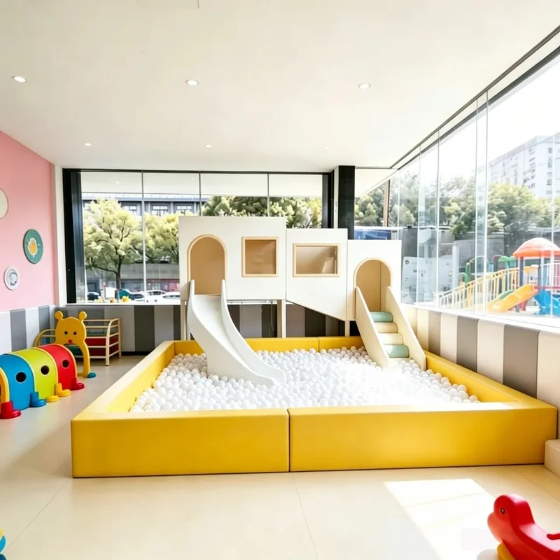 Minimalist Kids Soft Playhouse Indoor Playground Sensory Interactive Set with Slide Ball Pit for Mall Play Cafe Daycare