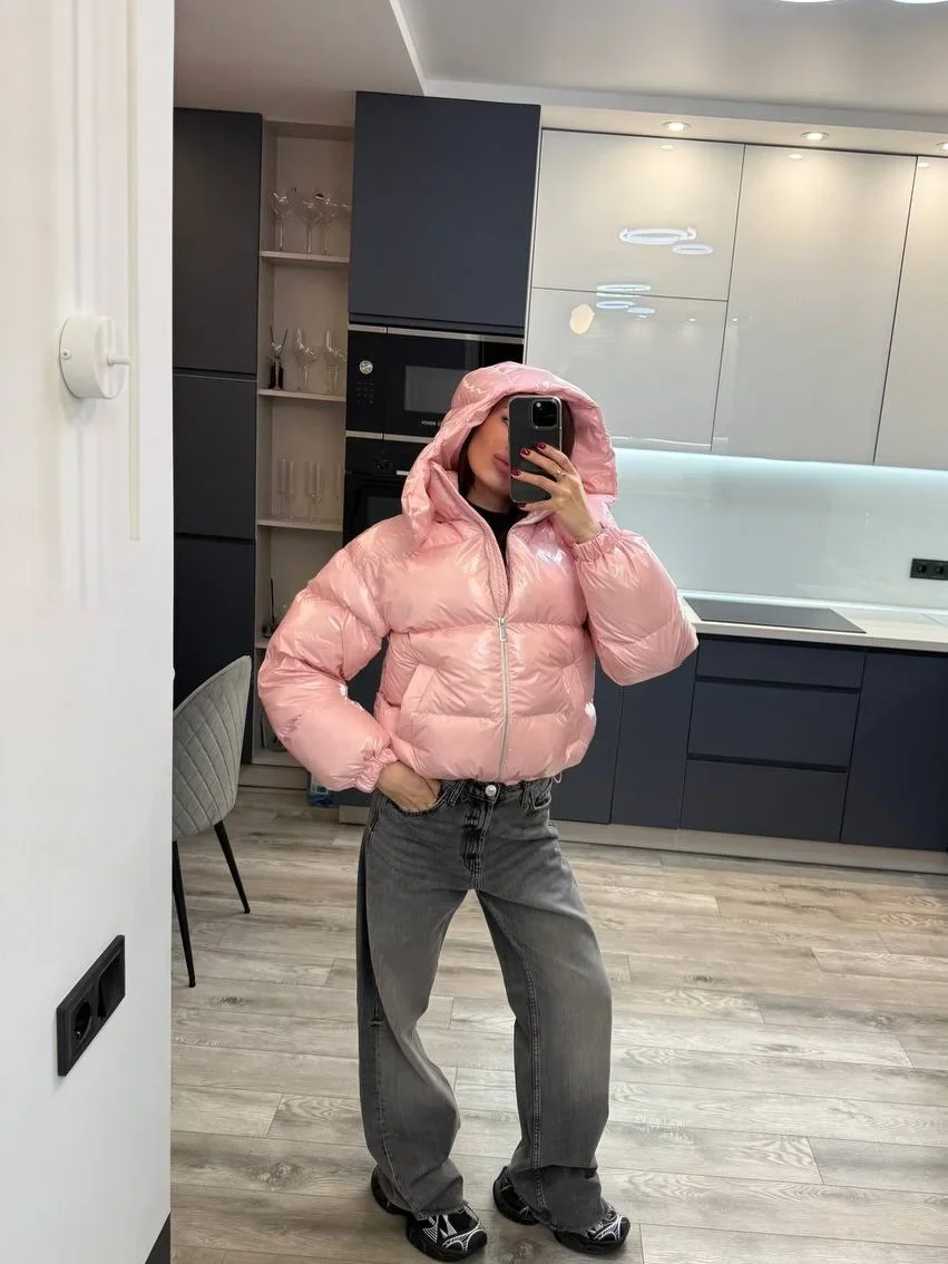 Ladies Glossy Hooded Puffer Jacket Cropped Drawstring Hem Zip Up Coat 2026 Winter Warm Casual 2026 New Trendy Cotton Outwear