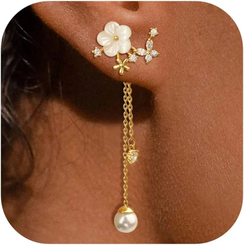 Image of Trendige 14K Gold baumelnde CZ Perlenohrringe Sterling Silber lange Einfädlerkette Blume Hochzeit Ohrringe für Bräute funkelnder Schmuck