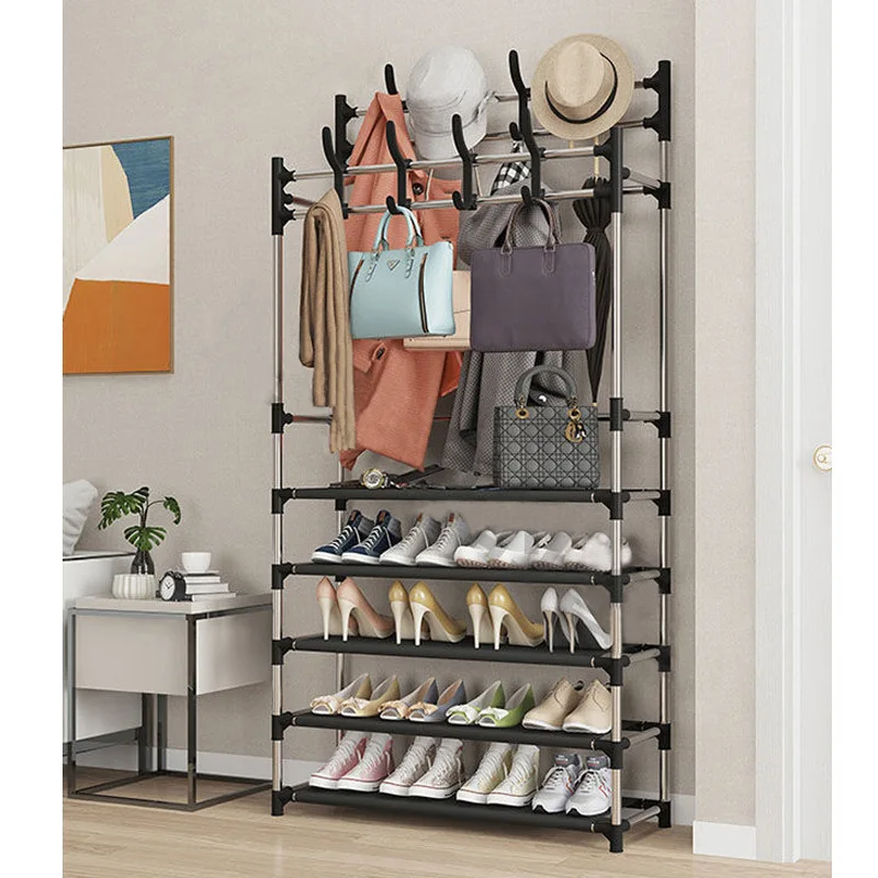 Simple floor to floor clothes rack shoe rack integrated combination shoe and hat rack, hanging clothes rack multi-la yer trouser