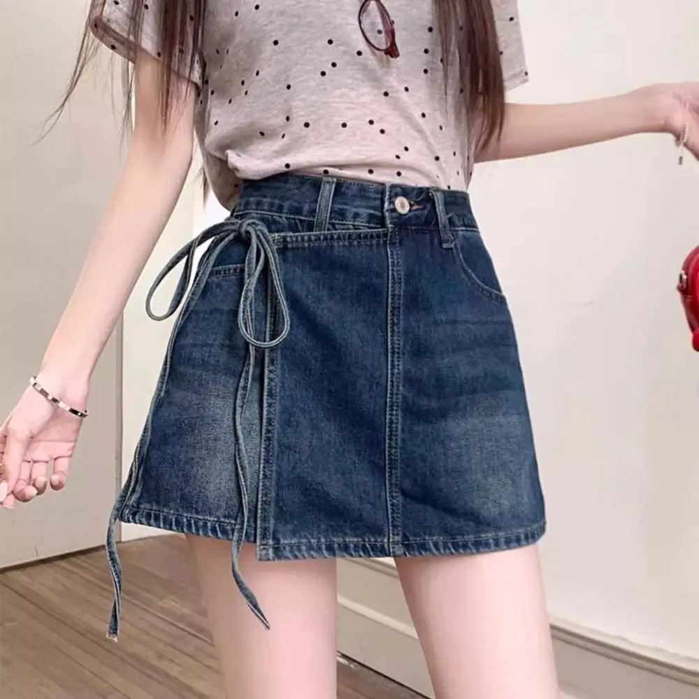 Lace-up A-line Skirt Shorts Wide Leg Y2K Fake Two-piece Skirt Spicy Girl Style High Waist Baggy Blue Jeans Skirt Spring Summer