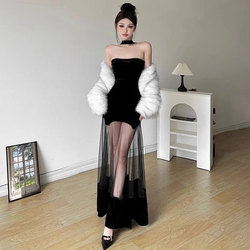 Elegant Black Velvet Gothic Party Halter Dresses Women Y2k Mesh Patchwork Backless Dress 2025 Sheer Skinny Evening Sexy Clothing