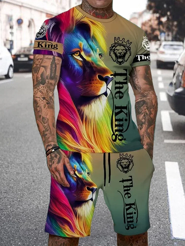 Casual Everyday Short Sleeve and Shorts Set Cool The Lion King Print T-Shirt 3D Printing Drawstring Short Set Men\'s Set Camping