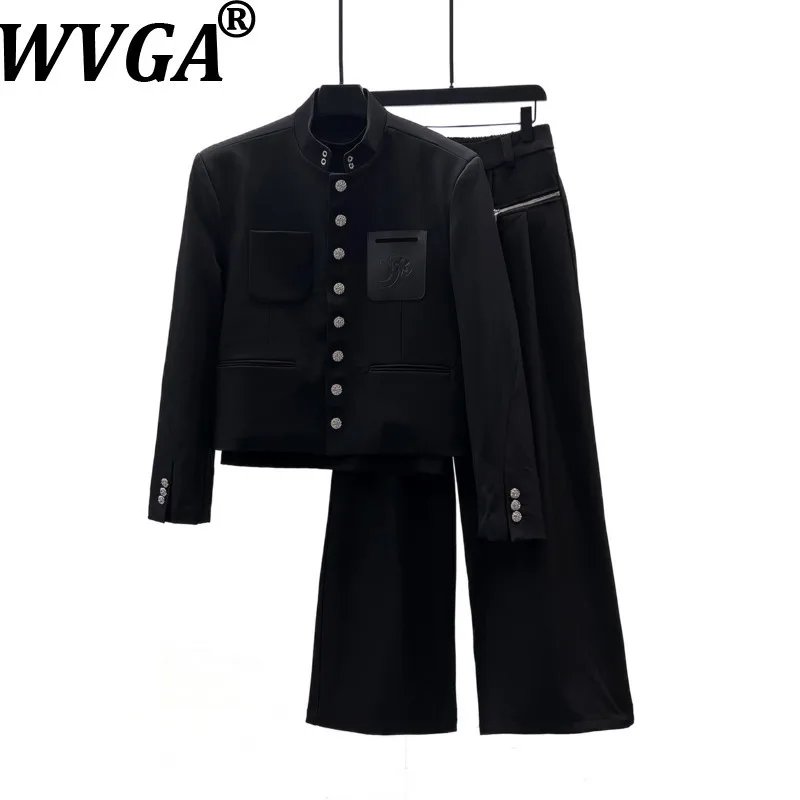 WVGA Spring Autumn New Men Leather Patch Pockets Stand Collar Short Blazer Niche Chic Casual Wide-Leg Pants 2 Pieces Sets W27514