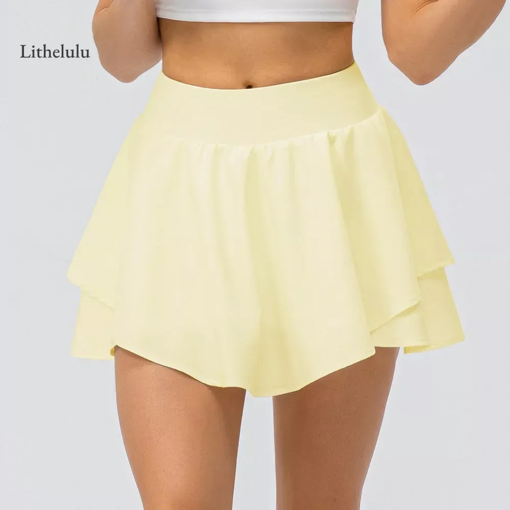 

Mini Divided Skirts Women White Fake Two Piece High Waist Gym Tennis Skirt Sports Black Pocket Lightproof Workout Culotte