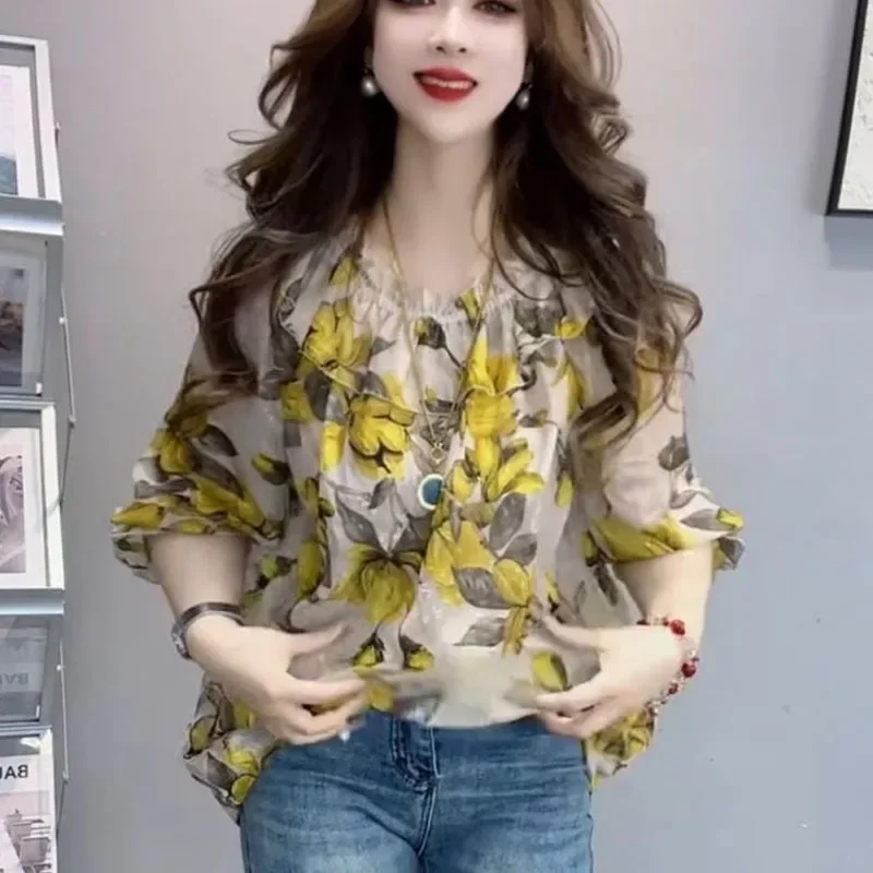 

Лето 2024, уникальная французская женская новая свободная рубашка с оборками, тонкая удобная универсальная рубашка с цветочным принтом и рукавами четверть