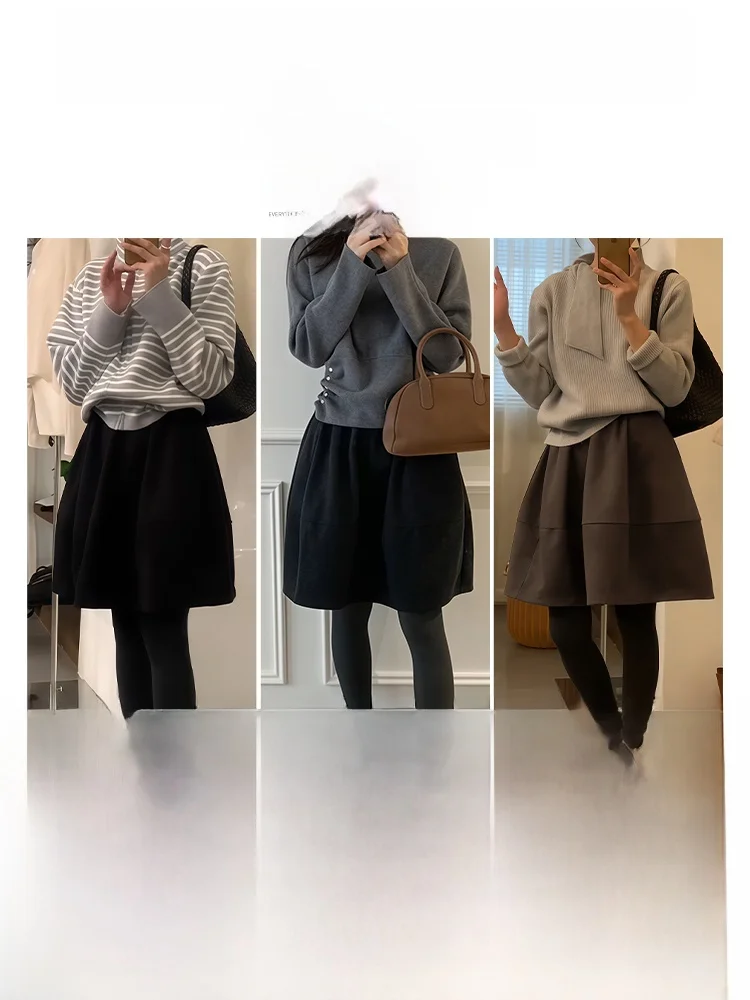 Deep Grey Woolen  Skirt Women's Autumn 2026 New Style Pear Shaped Body Berkeley Skirt Korean Style Bloom Skirt