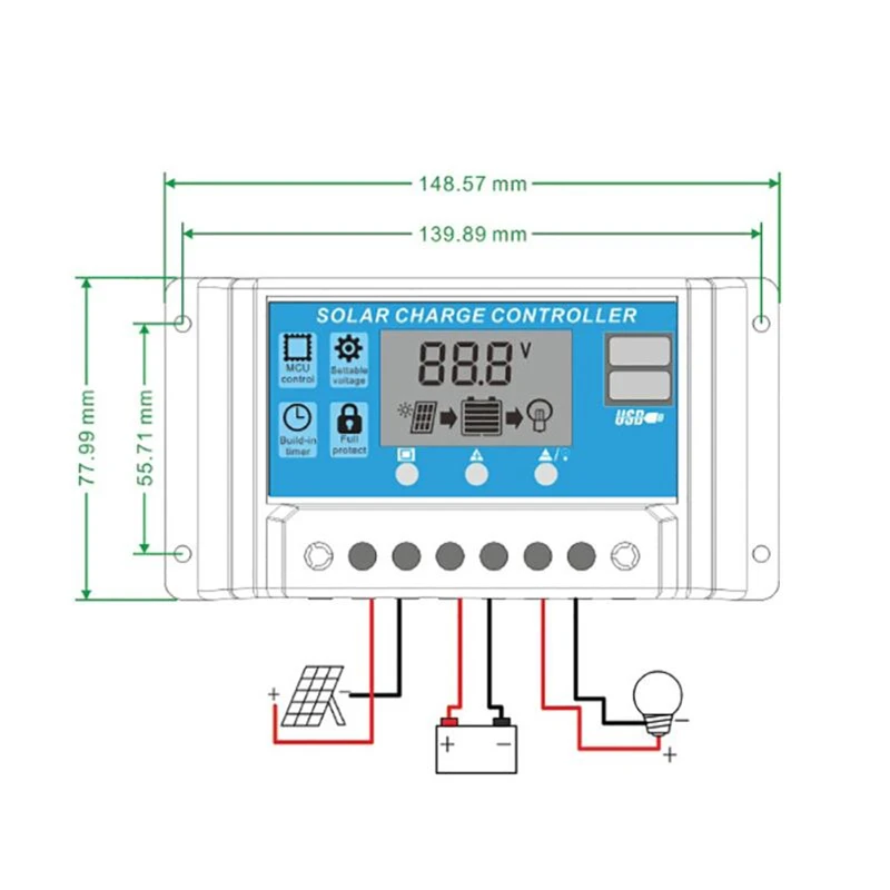 10/20/30/40/50/60A Solar Charge Controller 12V 24V Automatic Solar Cells Charging Board Controller USB 5V LCD Display Regulator