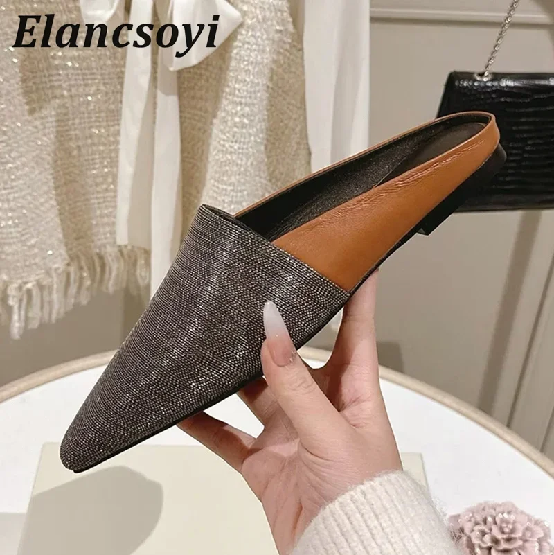 Summer Genuine Leather Pointed Toe Half Slippers Women's String Bead Decor Flat Lazy Mules Shoes Fashion Outdoor Vacation Shoes