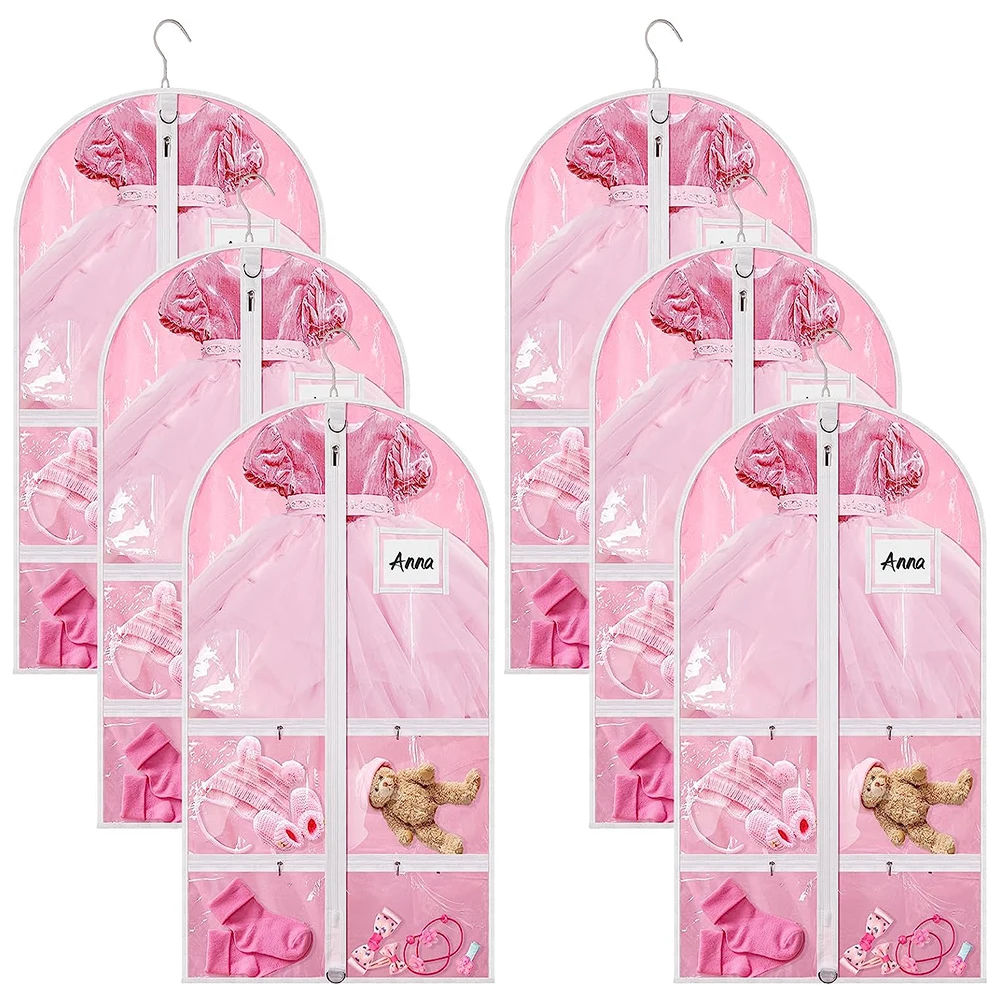 Pink Dance Dress Garment Bags for Dancers Clear Kids Hanging Dance Clothing Bag with Four Clear Pockets for Dance Competition