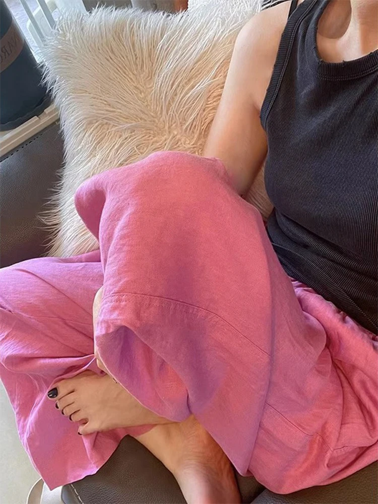 

High Waist Loose Fit Pink Vintage Wide Leg Pants Lazy Sle Japanese mat Small Size Women's Luxury Summer Trousers