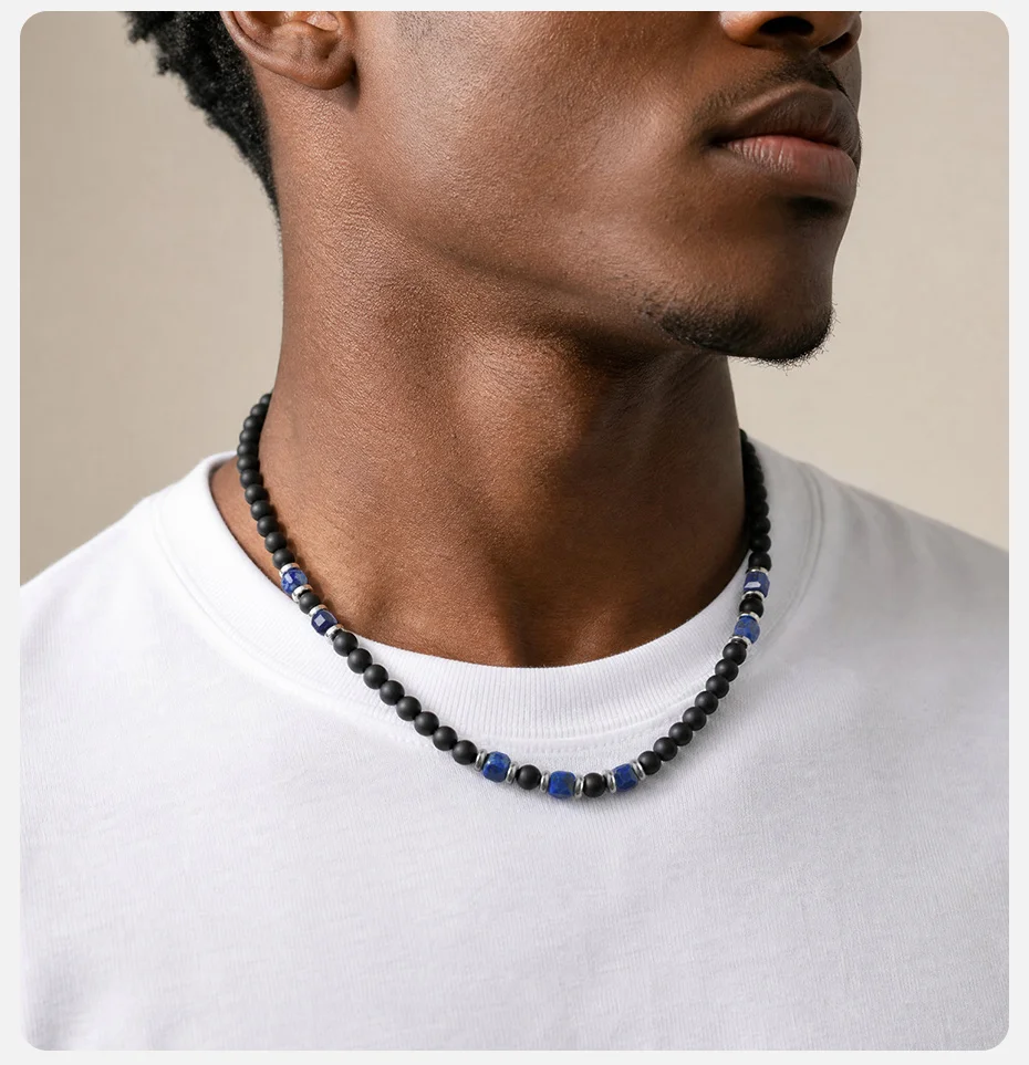 Vnox Herren-Perlenkette, mattschwarzer Onyx und Lapislazuli, Natursteinkette, verstellbare Länge, lässiger Alltagsschmuck für Männer, Geschenk – Detail 3