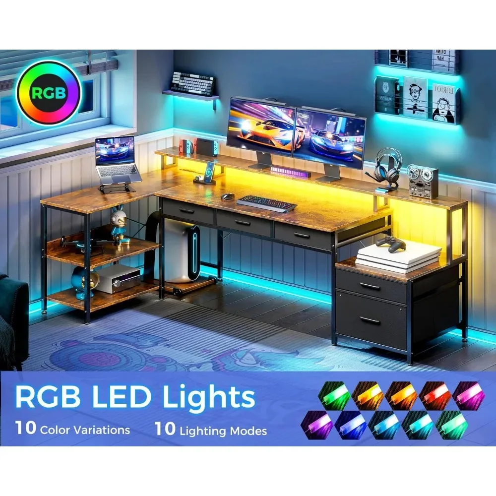 L Shaped Desk with 5 File Drawers, 75" Reversible L Shaped Computer Desk with Power Outlet & LED Strip, Office Desk