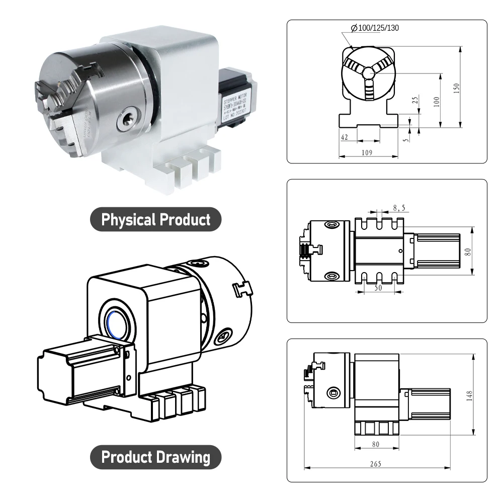 K12-130 CNC 4 Axis Rotary 130mm 4 Jaws Chuck 1:10 Rotary Axis 4th Axis Chuck Tailstock for CNC Router Milling Machine