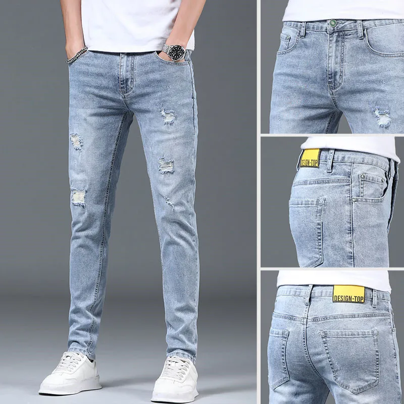 Men's Summer Hole Slim Ripped Jeans Korean Fashion Elastic Straight Nine Points Denim Pants