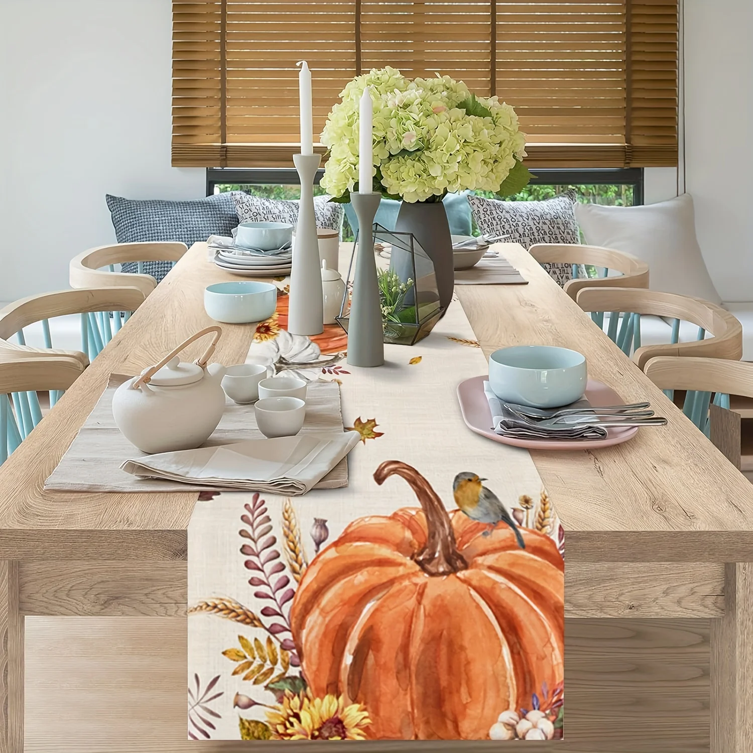1 Piece of Autumn Pastoral Table Runner, Painted Pumpkin, Bird, Flowers and Grass, Suitable for Restaurant, Home, Picnic, Harvest Party, Market Decoration.