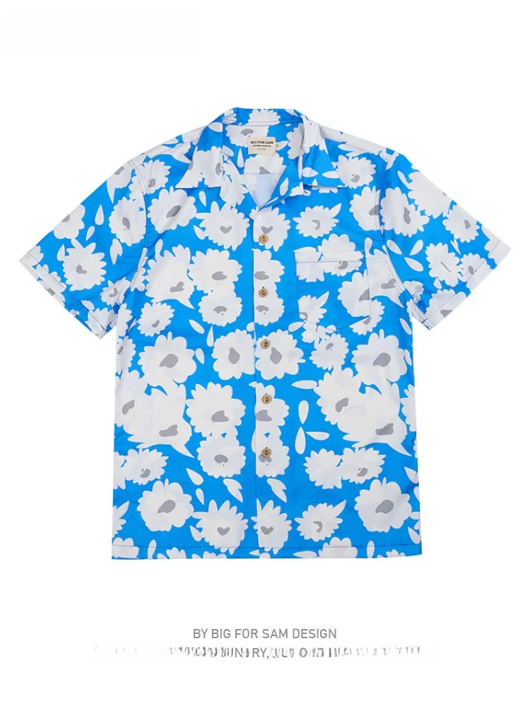 

Big for Sam Blue Hawaiian Shirt Vintage American Cuban Collar Short Sleeve Beach Floral Print Loose Fit Youth Summer Shirt
