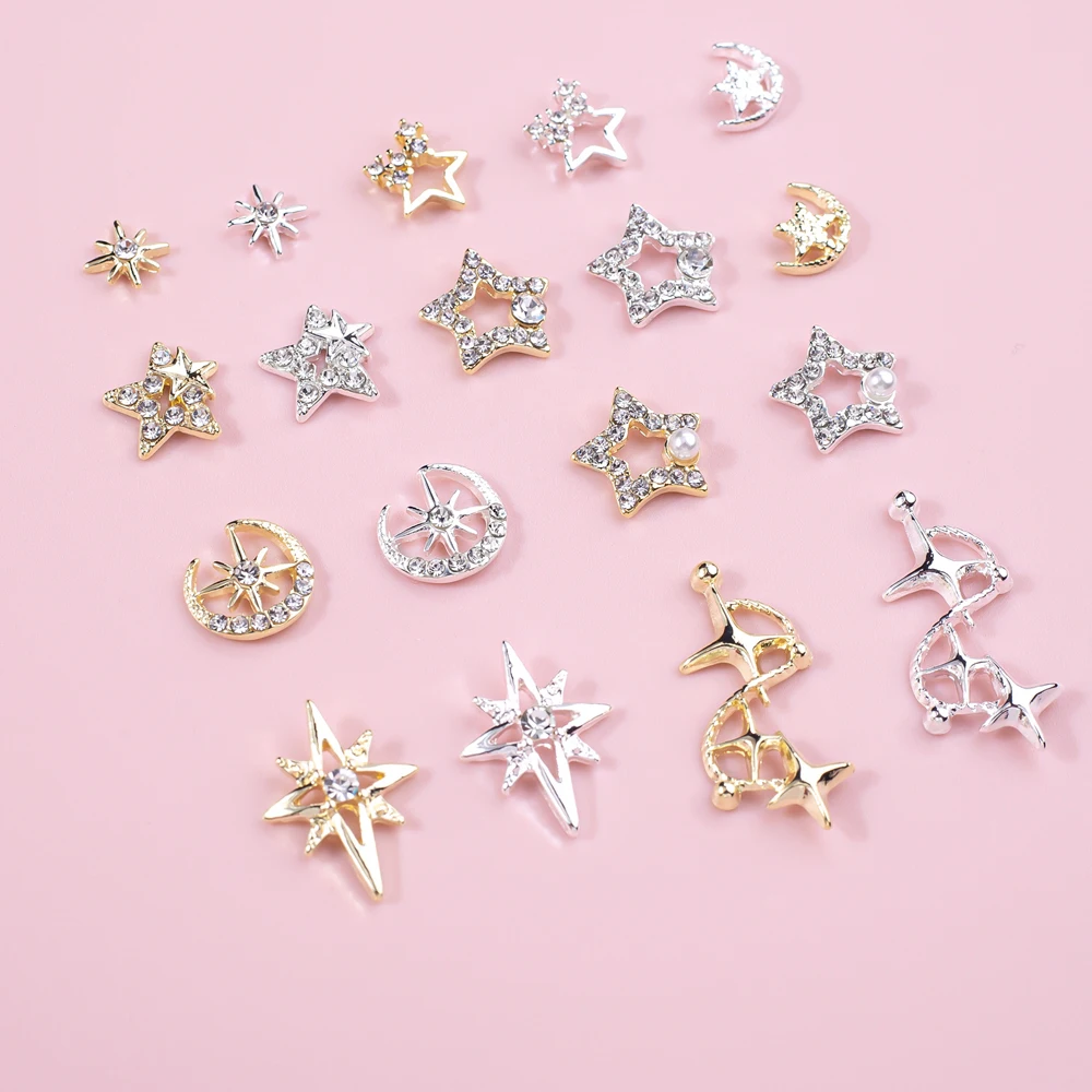 10pcs White Diamond Cross Star Nail Art Charm 3D Alloy Shiny Star Moon Cross Nail Decoration DIY Luxury Manicure Accessories