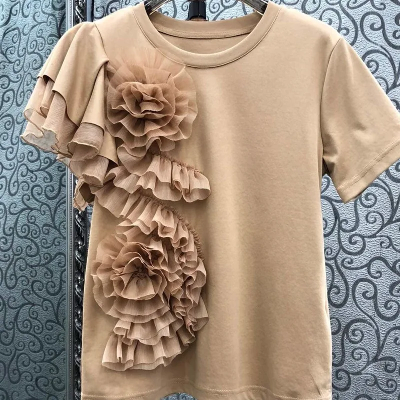 OCEANLOVE Spring Summer T Shirt for Women Ruffles Solid 3D Flower Vintage Ropa De Mujer Korean Fashion Asymmetrical Tees