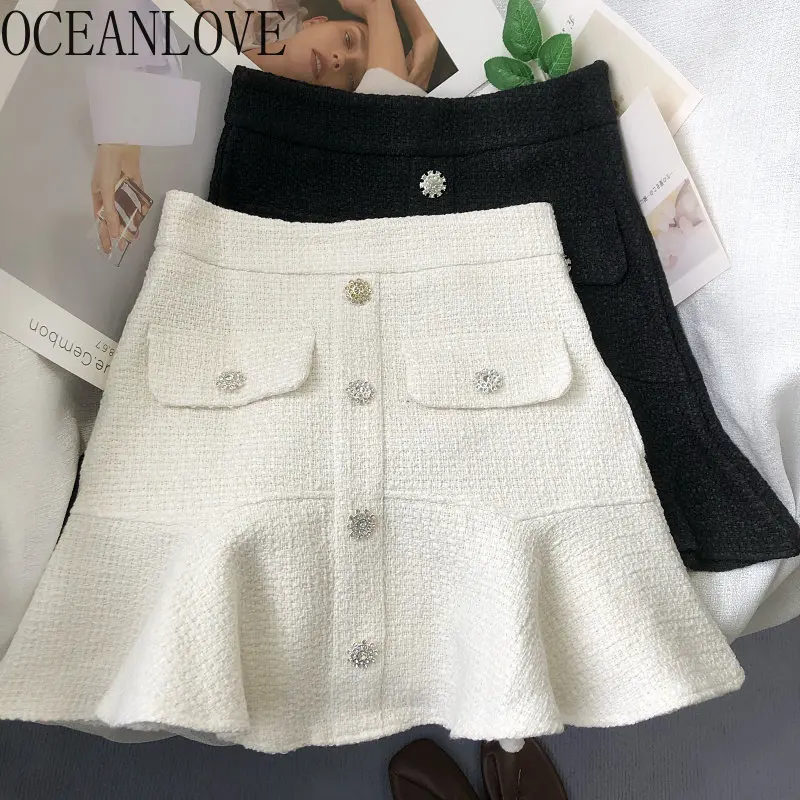 OCEANLOVE Tweed Women Skirts Solid Ruffles Vintage A-line Buttons Autumn Winter Faldas Mujer Korean Elegant Jupe Femme Retro