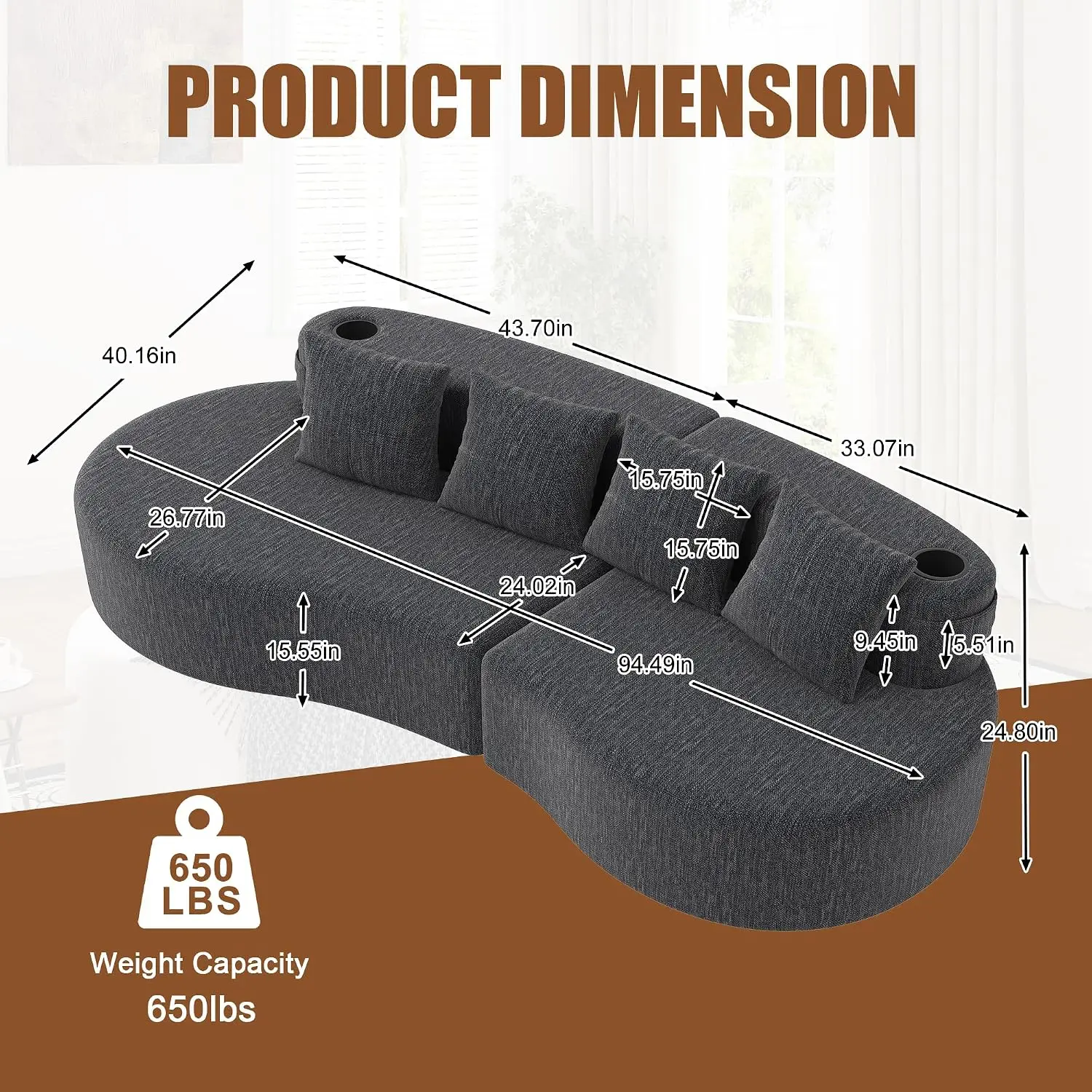 Curved Sectional Sofa 3-Seat Half Moon Chenille High-Resilience Sponge Modular Living Room Apartment Office Gray, Customized