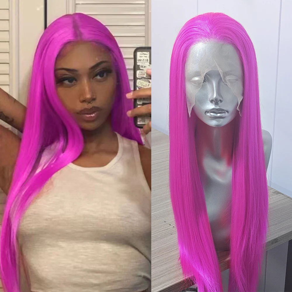 Rose Pink Hair Long Straight Synthetic Wig Hot Pink Natural Hairline Lace Front Wigs Women Cosplay Makeup Use Pink Fashion Hair