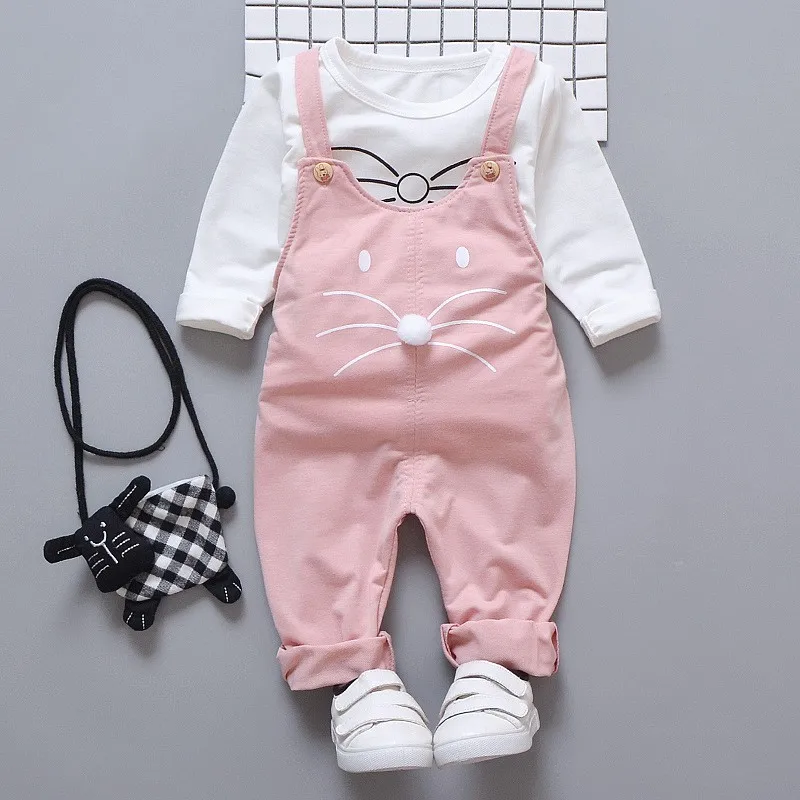 Spring Girls Clothes Set Long Sleeve Blouse with Strap Pants Solid Cartoon Print Outfits Baby Toddler Kids Casual Cute Overalls