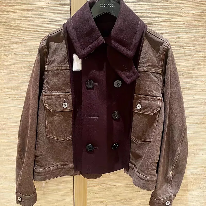 

FOG SACAI Autumn Winter Loose Casual Long Sve Denim Wool Blend Top Color Blo Design Ladies Faion ort Coat Jaet