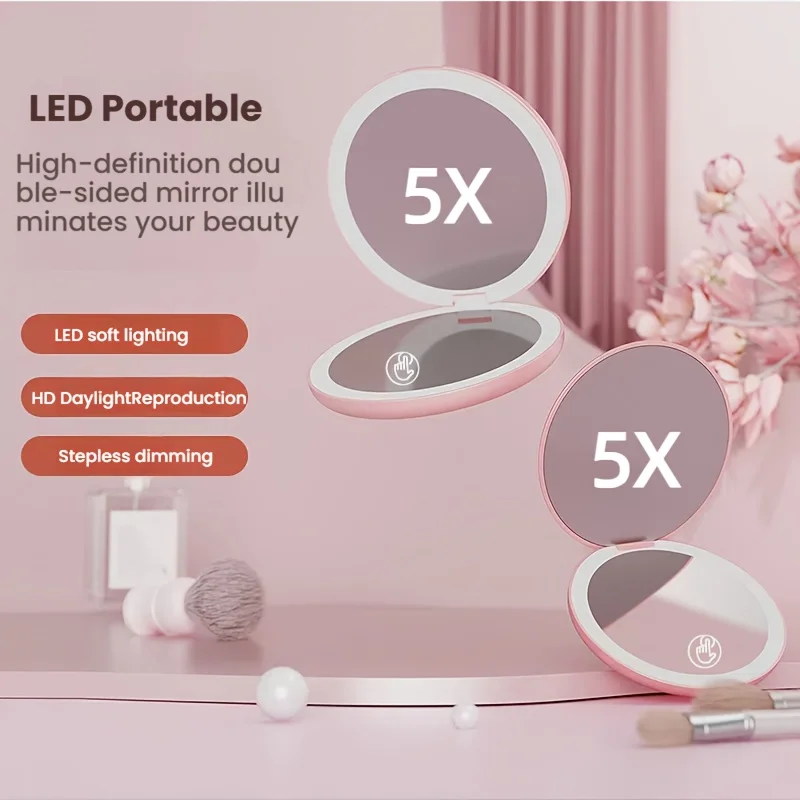 1 stuk 5x dubbelzijdige ronde make-upspiegel met led-driekleurige verlichting met USB-oplaadkabel, voldoen aan verschillende scènes, ideaal voor make-up, touch-up, huidverzorging, reinigende poriën, aanraakbaar om de kaptafel vast te houden, perfect cadeau voor vrouwelijke vrienden