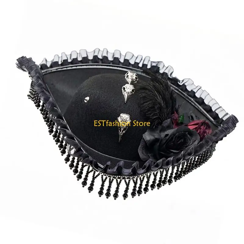 Y5GC Unique Halloween Pirate Costume Hat Designed With Flowing Tassels And Blooms