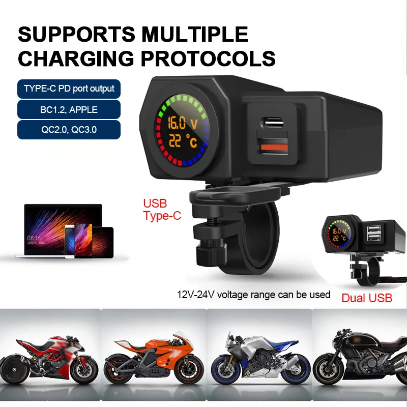 Motorcycle Charger Voltage Temperature Digital Display Dual USB Mobilephone Charging Adapter for Motorbike Handlebar Accessories