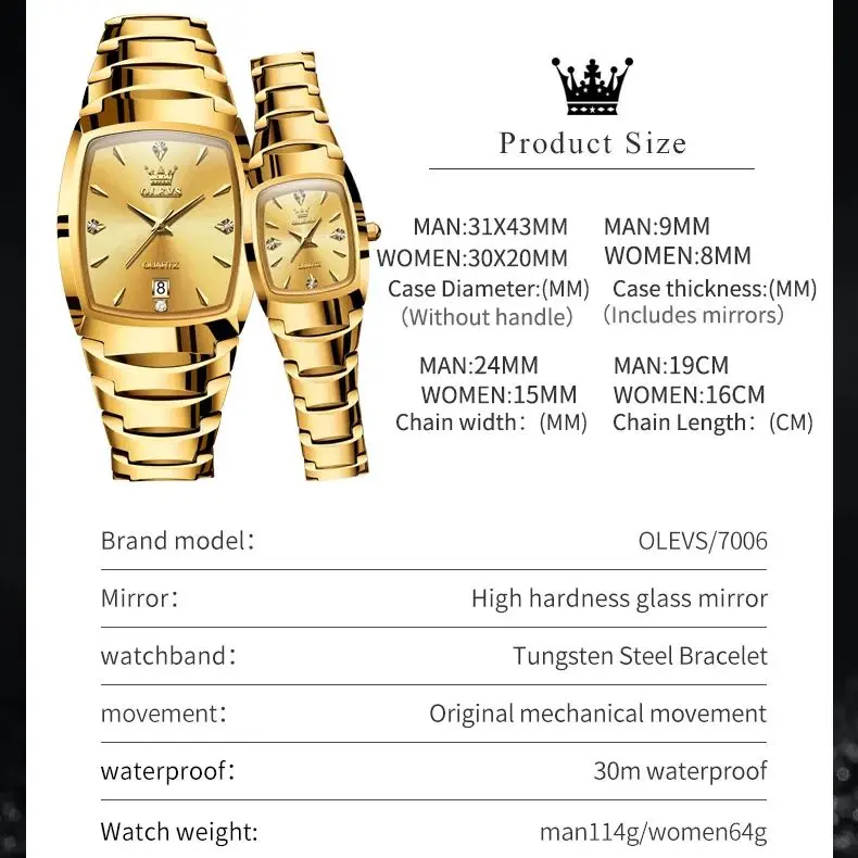 OLEVS 7006 Original Couple Quartz Watch Fashion Luxury Waterproof Diamond Tungsten Steel Band Calendar Gift Couple Watch Set