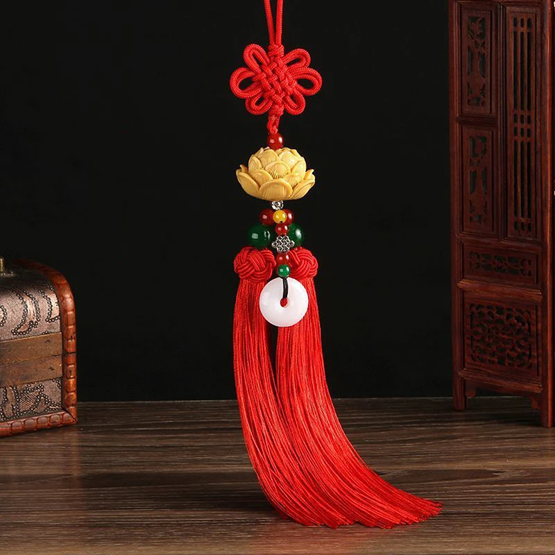 Chinese Knot Natural Obsidian Carved Lotus God of Fortune Amulet Lucky Pendant Silk Tassel Ornaments Gift keychain Jewelry