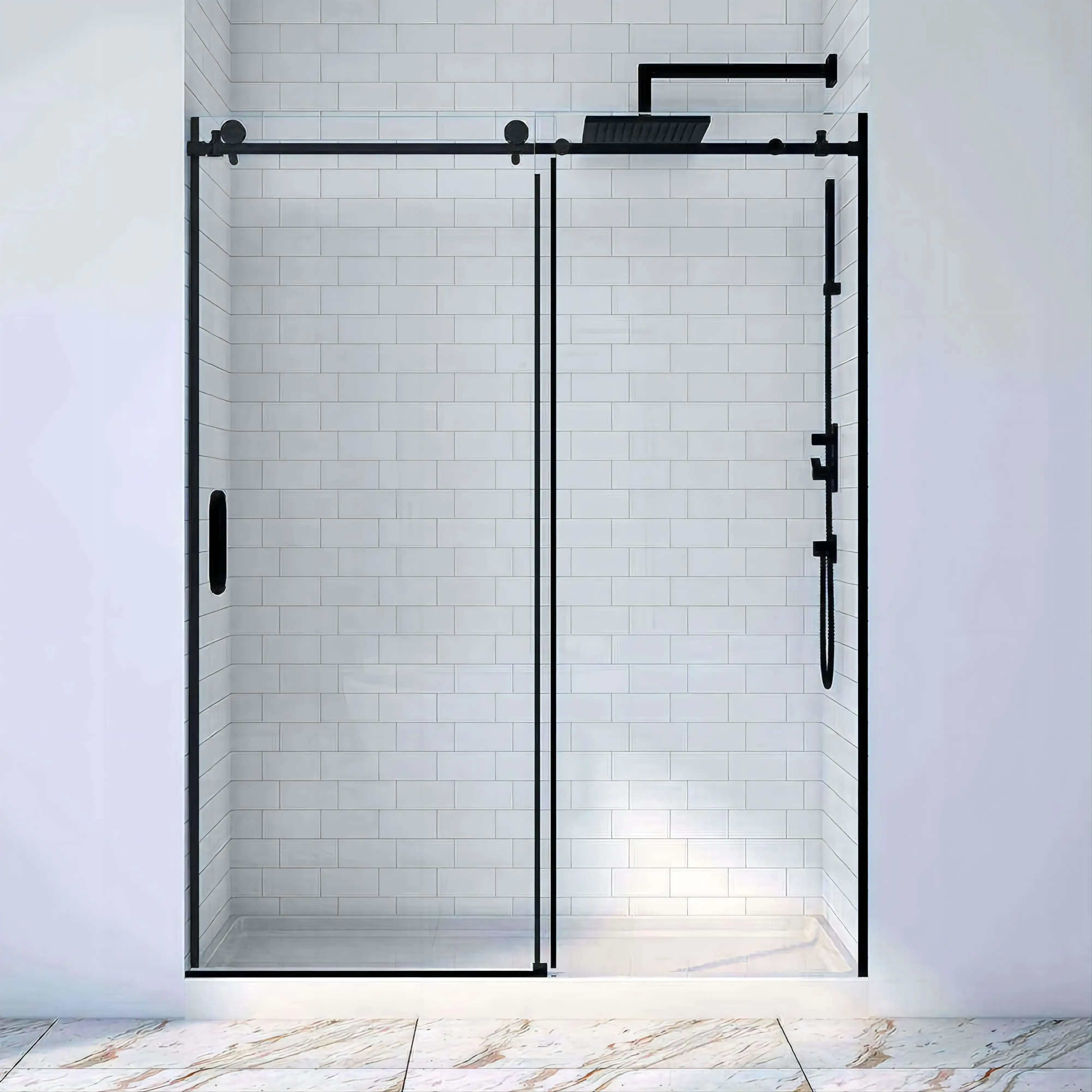 Custom Design 10 Mm Frameless Black Bathroom Screen Double Sliding Glass Shower Doors