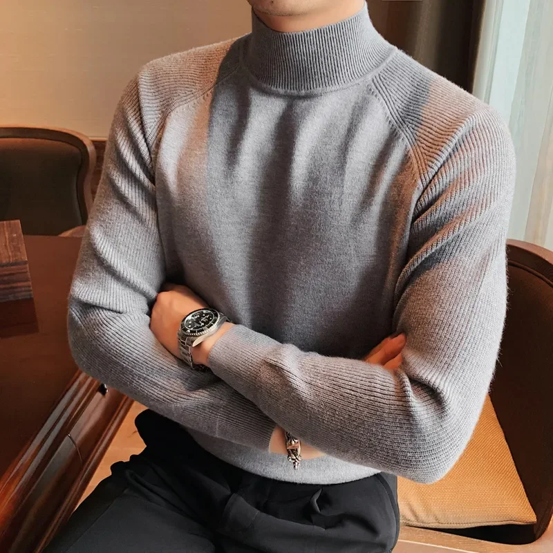 

Half High Collar Thick Sweater Men's Long Sleeved Autumn and Winter New Style with Shoulder Sleeves Knitted Base Sweater Top